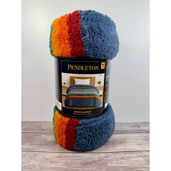 NWT Pendleton Serape Stripe Blue Blanket Plush Manta Twin 66” x 92” GIF NIB - Picture 1 of 12